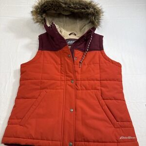 VEST HOODED SHERPA LINEDWOMEN LRG Eddie Bauer Nylon Canvas Insulated ORG/MAROON